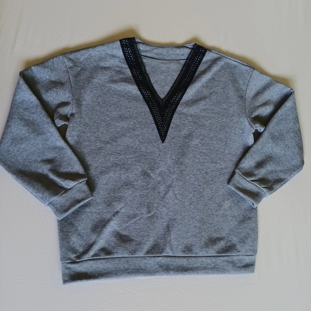 Gray Vneck Sweater With Black Embroided On Neckline